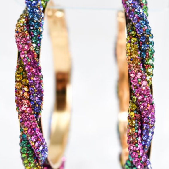 3" Braid Twist Multicolor Rhinestone Hoop Earrings - Picture 12 of 12